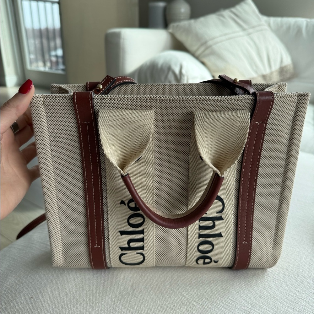 Beige Canvas Tote with Brown Leather Trim